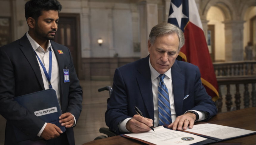 Texas H-1B visa freeze and Nepali professionals Texas H-1B visa freeze: Governor Greg Abbott signs an order as a Nepali professional stands nearby.